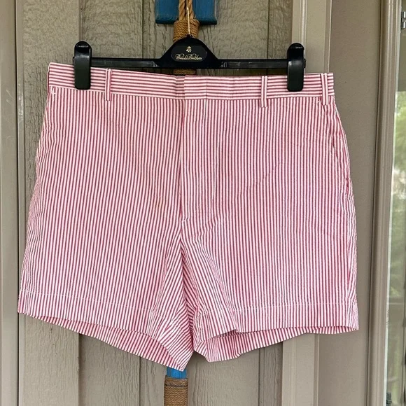 BERLE Men’s Red & White All Cotton Seersucker Flat Front 5” Alabama’ Shorts - 36 - Picture 5 of 11
